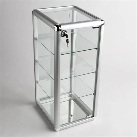 metal and glass display box|display case with glass shelves.